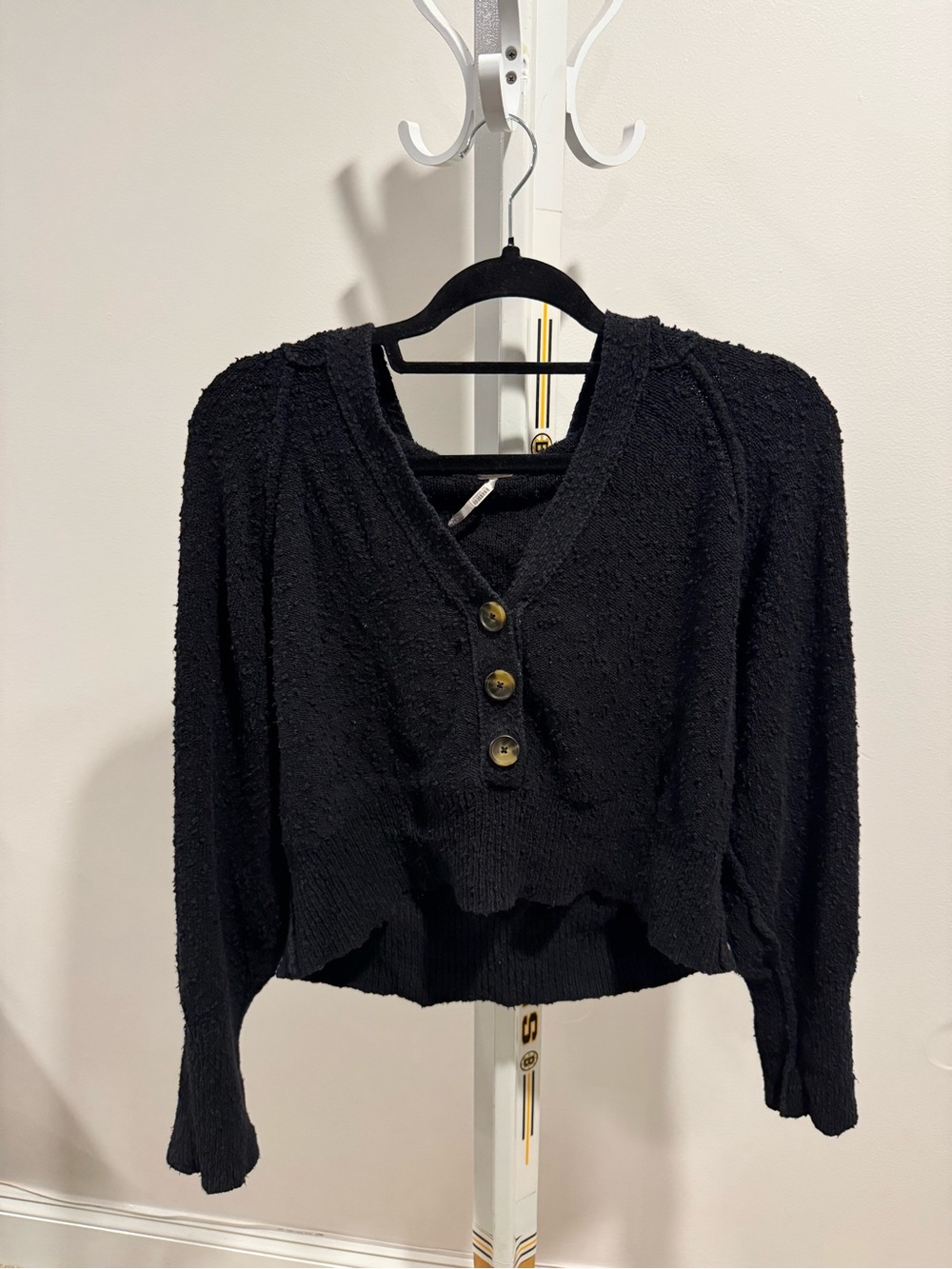 Free People Black Textured Henley Crop Top